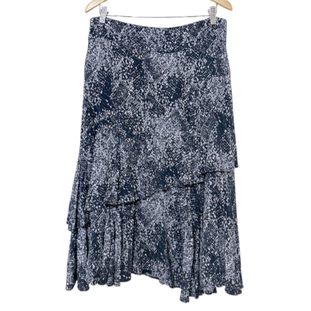 Free People Snakeskin Tiered Midi Skirt Blue Grey Asymmetrical Ruffle Rayon - 10 - Picture 2 of 5